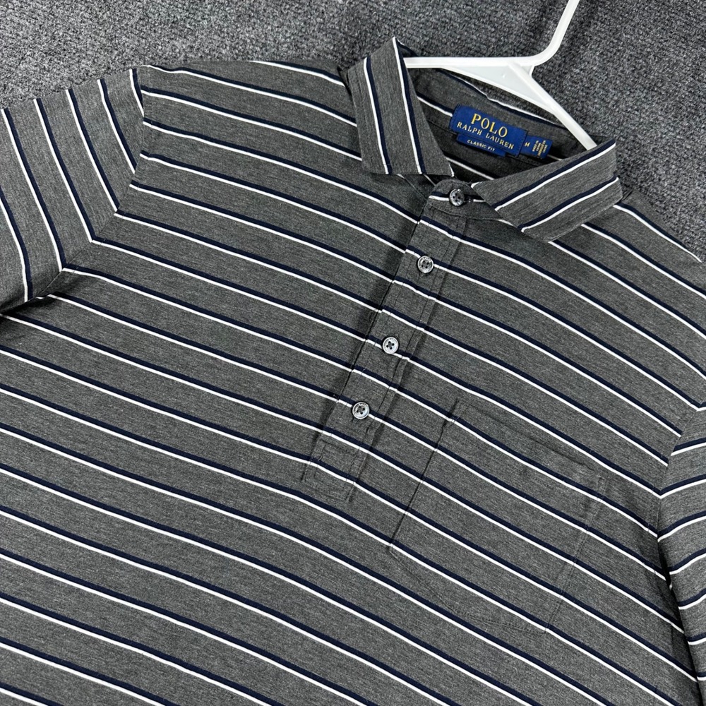 Polo Ralph Lauren Polo Shirt Mens M Medium Grey Striped Classic Fit Short Sleeve